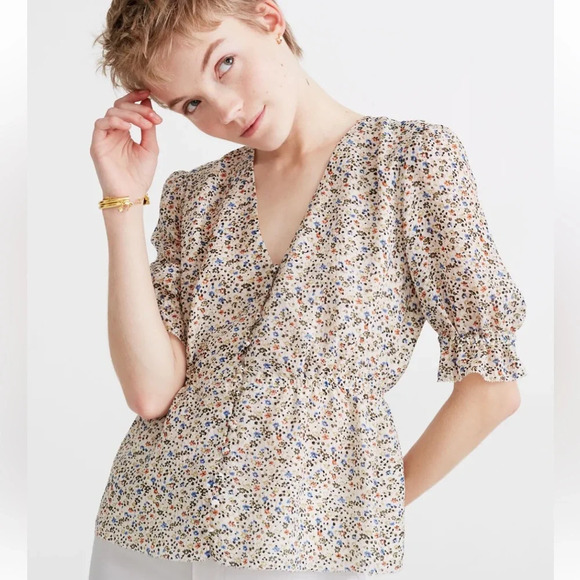 Madewell Silk V-Neck Fieldwalk Floral Peplum Pop Over Top, Women Size XS - Picture 1 of 8